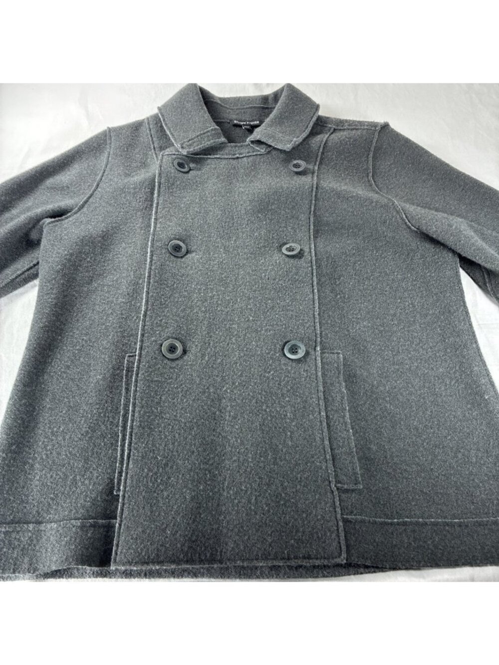 Eileen Fisher Coat Womens Large Gray 90% Merino Wool Double Breasted Jacket m